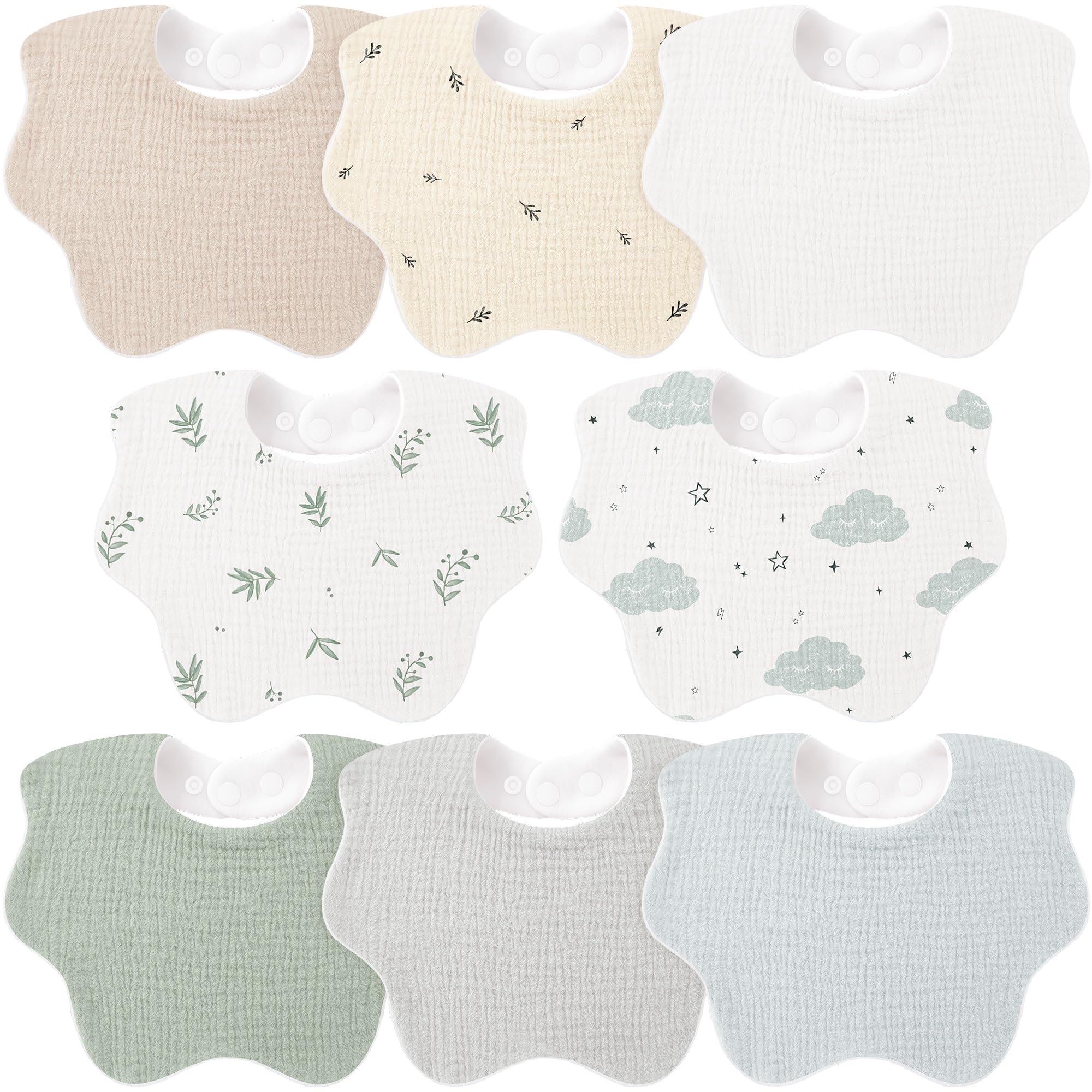 Bearmoss eight-pack muslin cotton baby bibs absorb drool and spills.