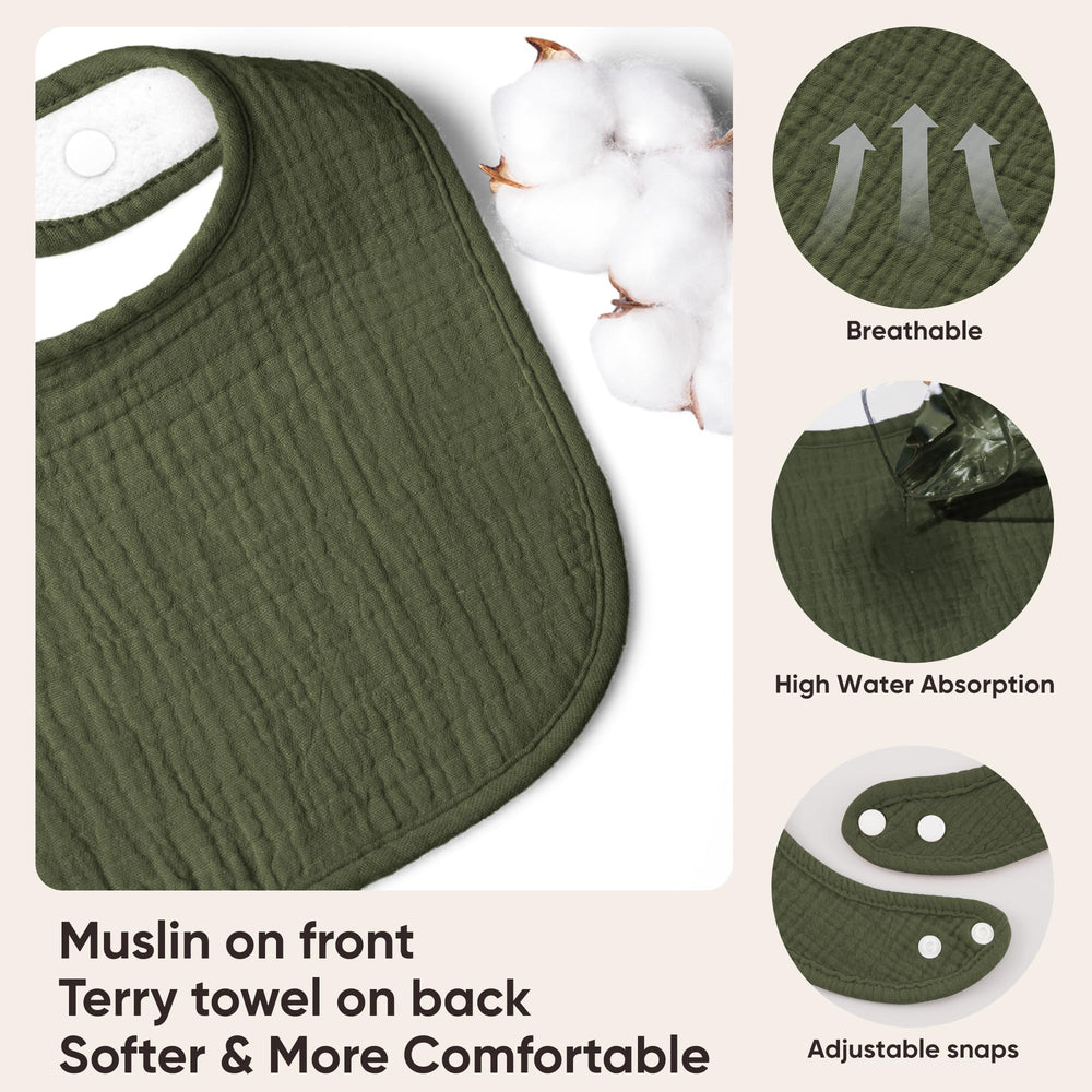 Bearmoss baby drool bib worn on a baby for spills and drool protection.