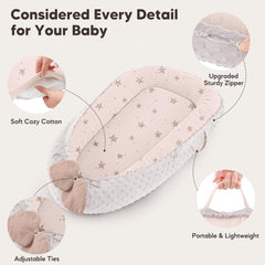Bearmoss Baby Lounger Pink Star close-up of soft muslin and dot fleece fabrics.