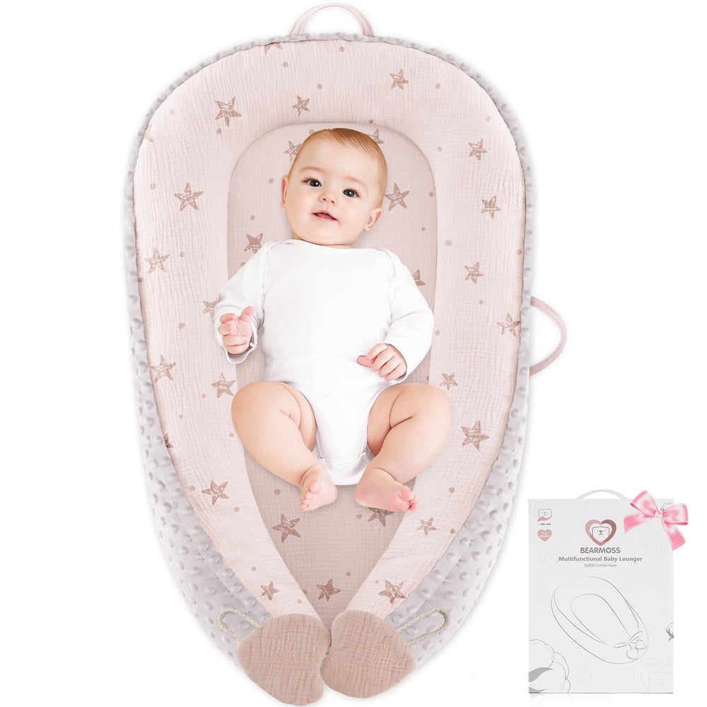 Bearmoss Baby Lounger Pink Star front view for supervised lounging and comfort.