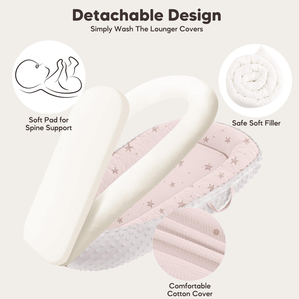 Bearmoss Baby Lounger Pink Star in-use for tummy time and play.