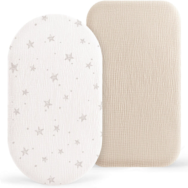 Bearmoss bassinet sheets 2-pack in muslin cotton for ultra-soft comfort.