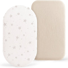Bearmoss bassinet sheets 2-pack in muslin cotton for ultra-soft comfort.