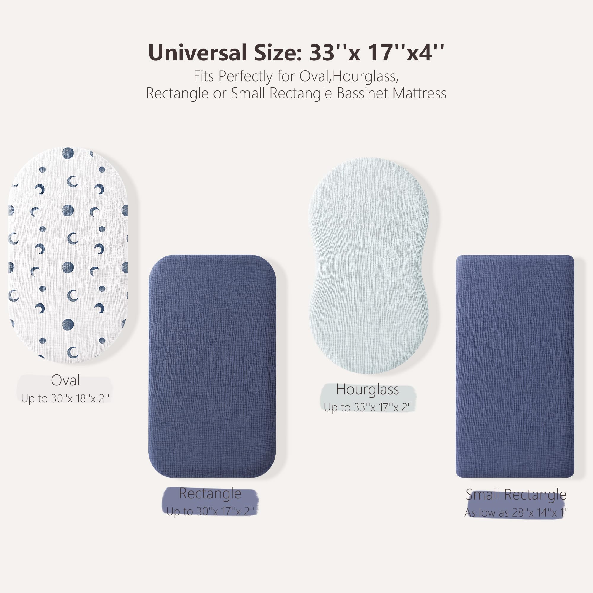 Bearmoss sheets fit oval and rectangle bassinets with a secure elastic edge.