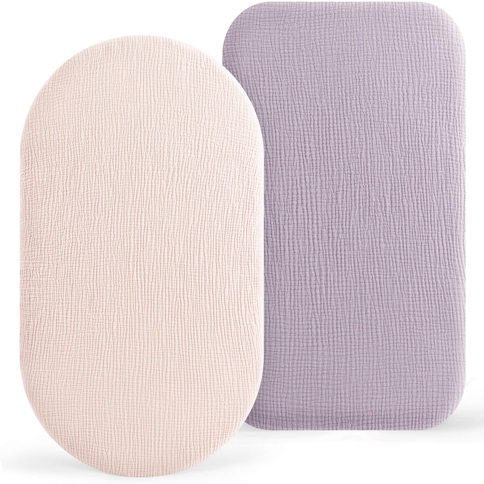 Bearmoss bassinet sheets in light pink and purple, top view, soft comfort for baby's delicate skin.