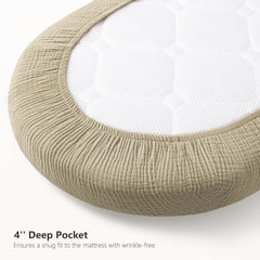 Bearmoss bassinet sheets with snug, fully encased elastic to prevent slips