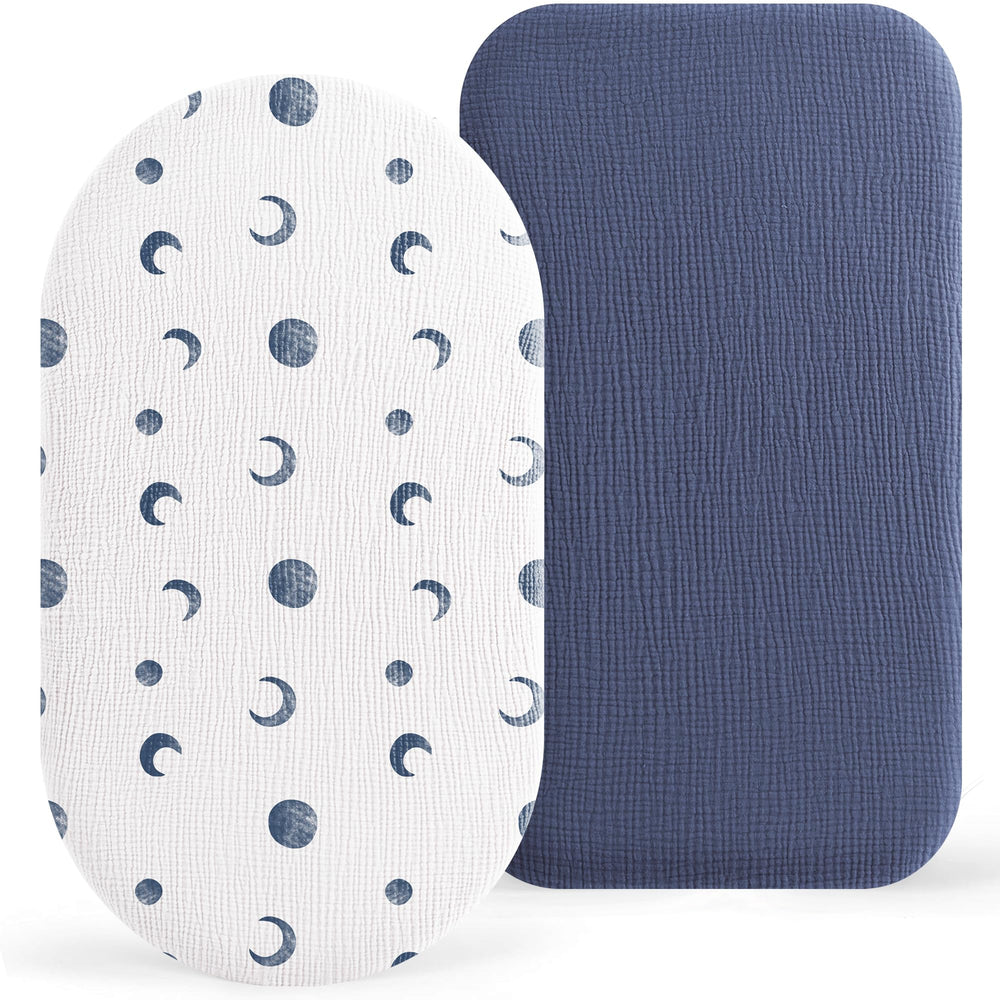 Bearmoss Bassinet Sheets in blue moon muslin for soft, breathable baby comfort.