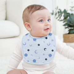 Bearmoss bib with muslin front and terry back absorbs drool and spills.