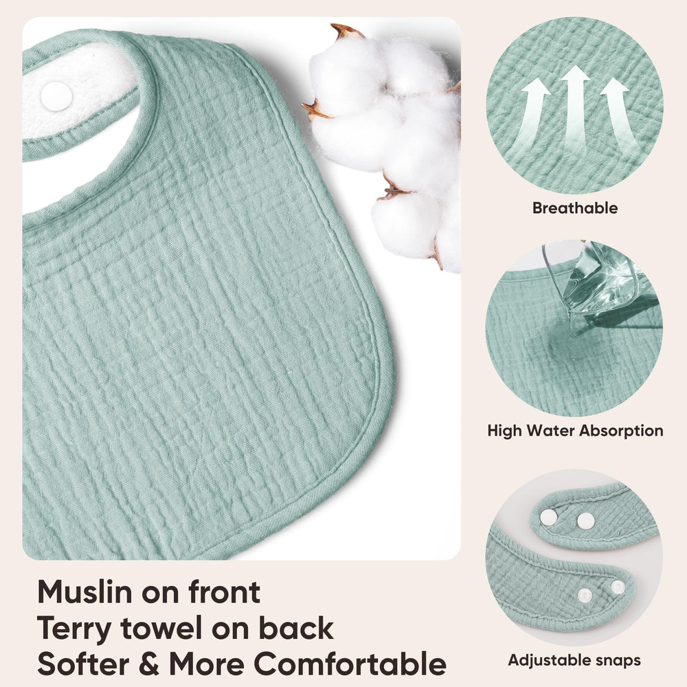 Bearmoss muslin bibs with adjustable snaps for a growing baby