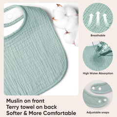 Bearmoss muslin bibs with adjustable snaps for a growing baby