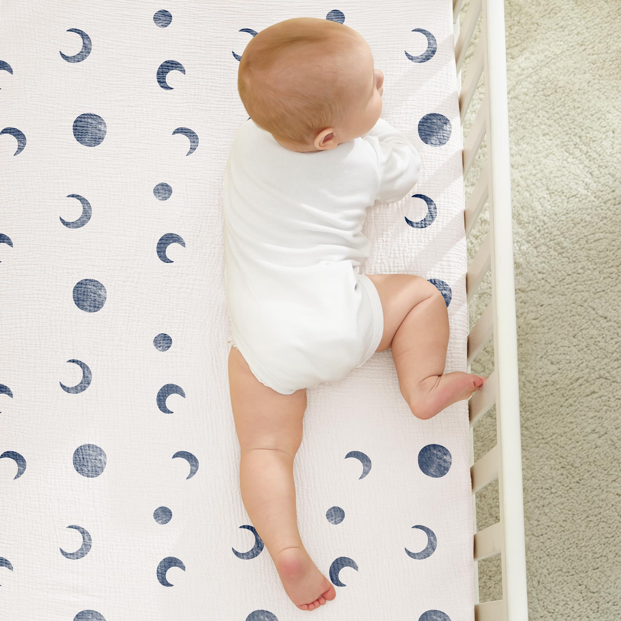 Bearmoss muslin mini crib sheet neutral blue crescent complements any nursery