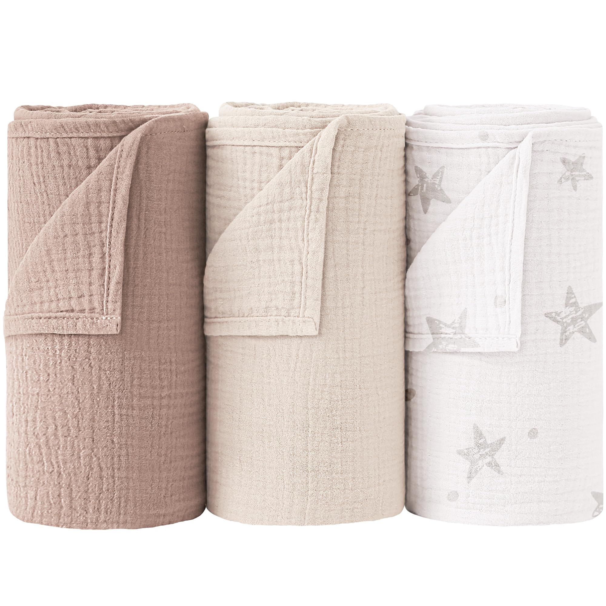 Bearmoss muslin swaddle blanket beige star, soft breathable cotton for newborn comfort.