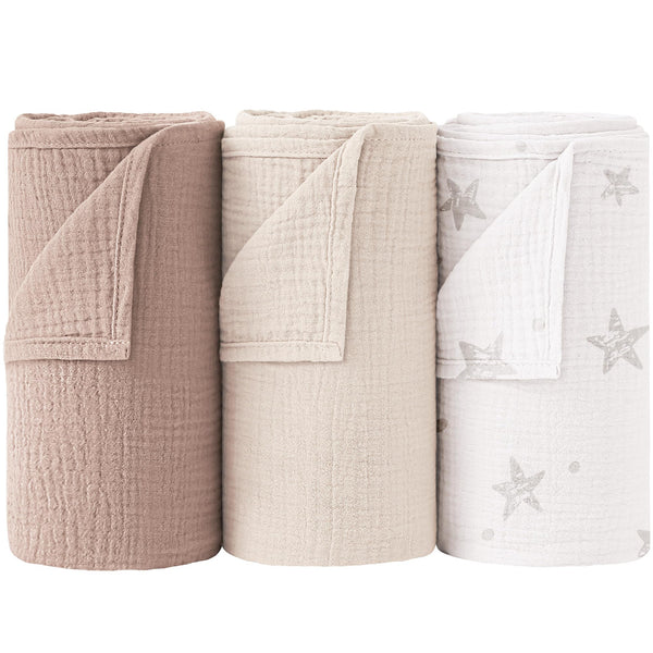Bearmoss muslin swaddle blanket beige star, soft breathable cotton for newborn comfort.