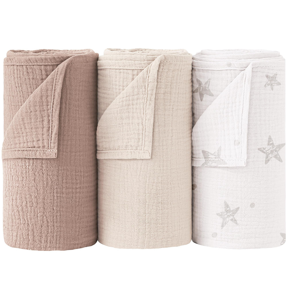 Bearmoss muslin swaddle blanket beige star, soft breathable cotton for newborn comfort.