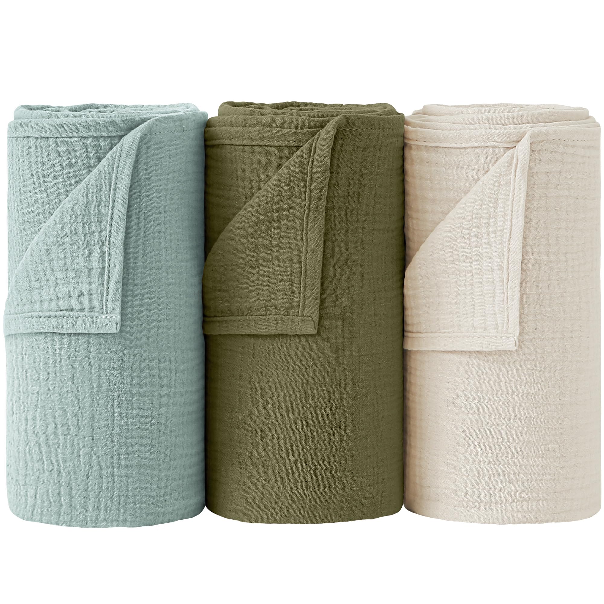 Bearmoss muslin swaddle blanket grey-green packaging highlights a convenient three-pack.