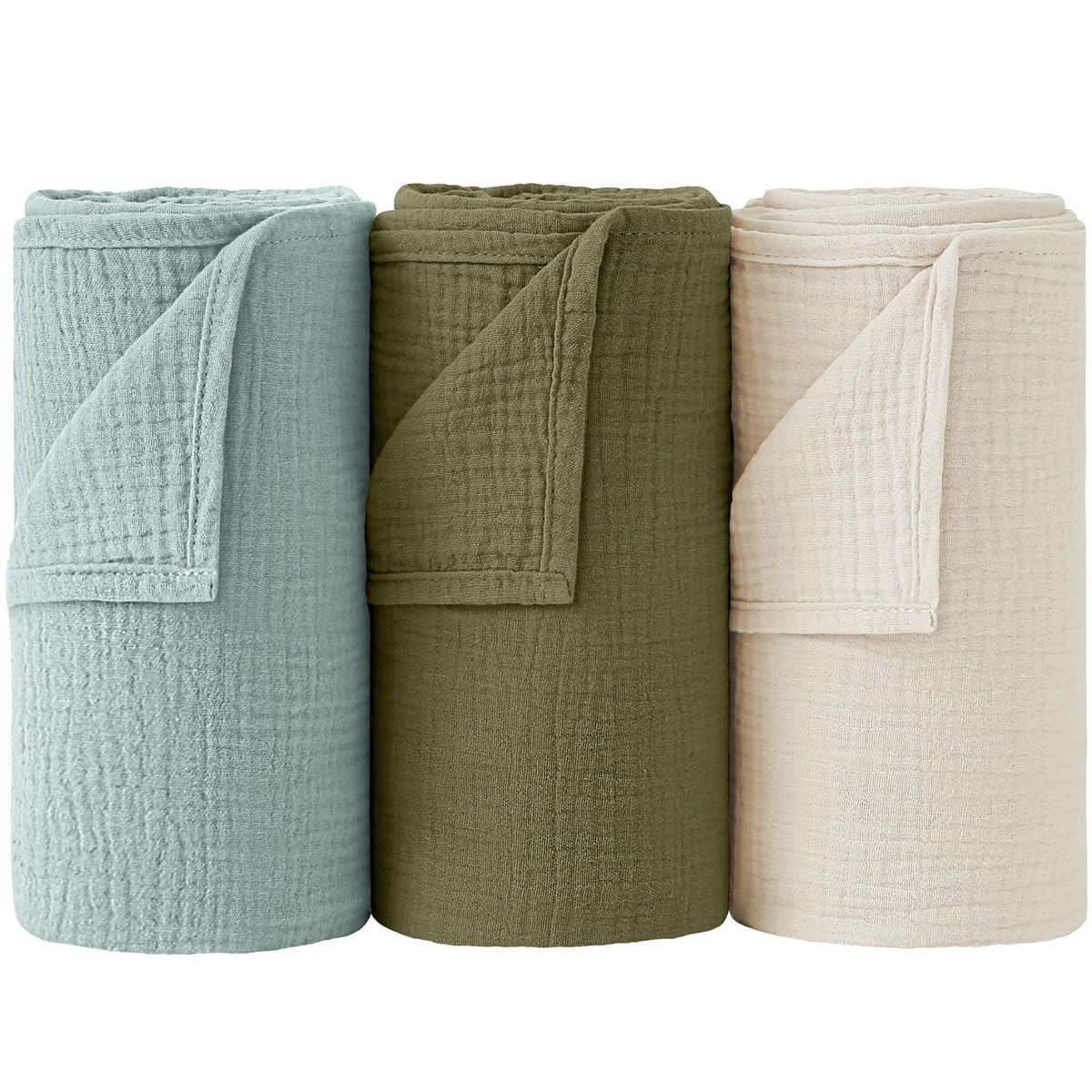 Bearmoss muslin swaddle blanket grey-green packaging highlights a convenient three-pack.