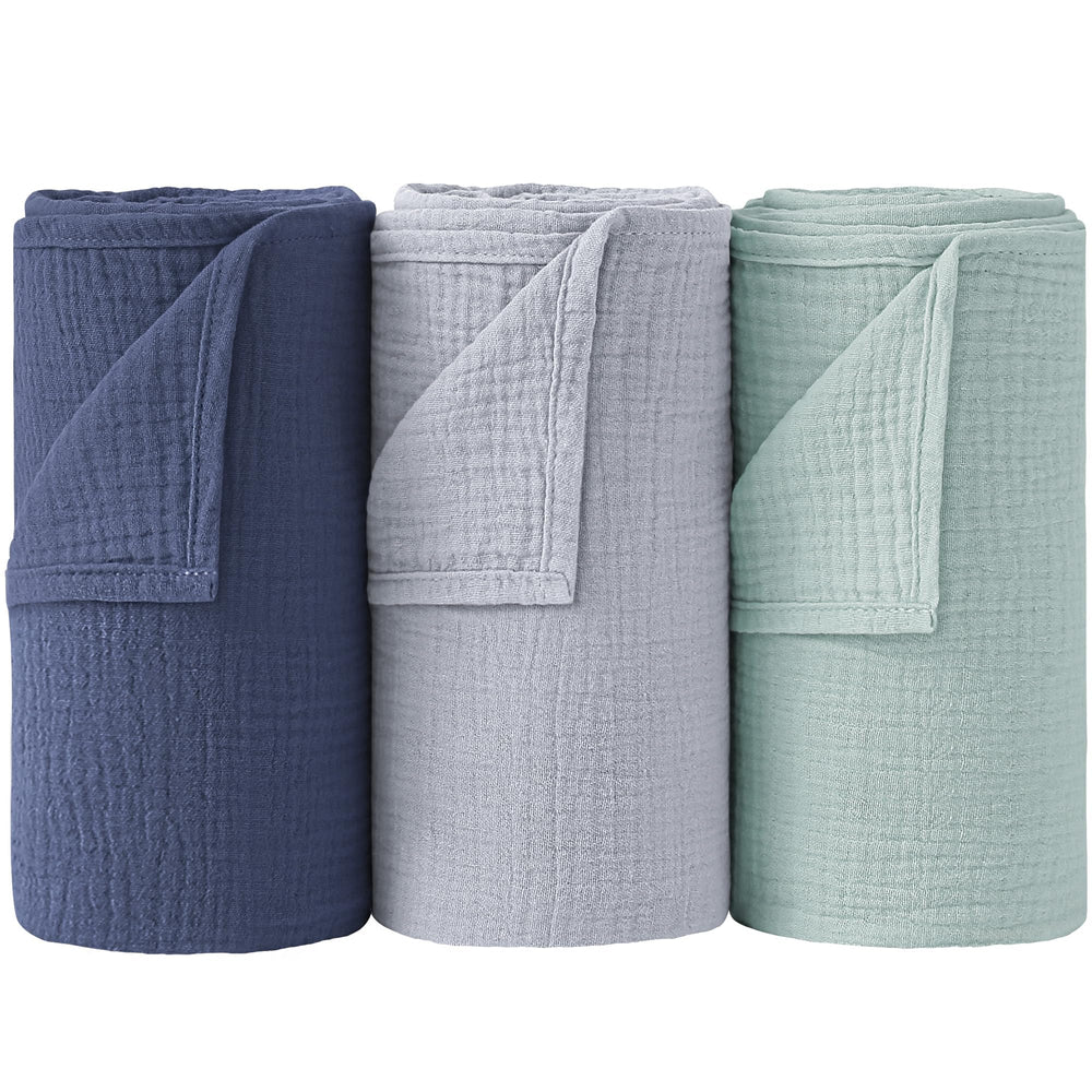 Bearmoss muslin swaddle blue-green 3-pack offers soft breathable cotton for newborn comfort.