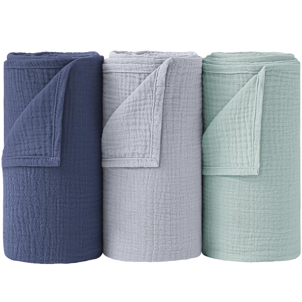 Bearmoss muslin swaddle blue-green 3-pack offers soft breathable cotton for newborn comfort.