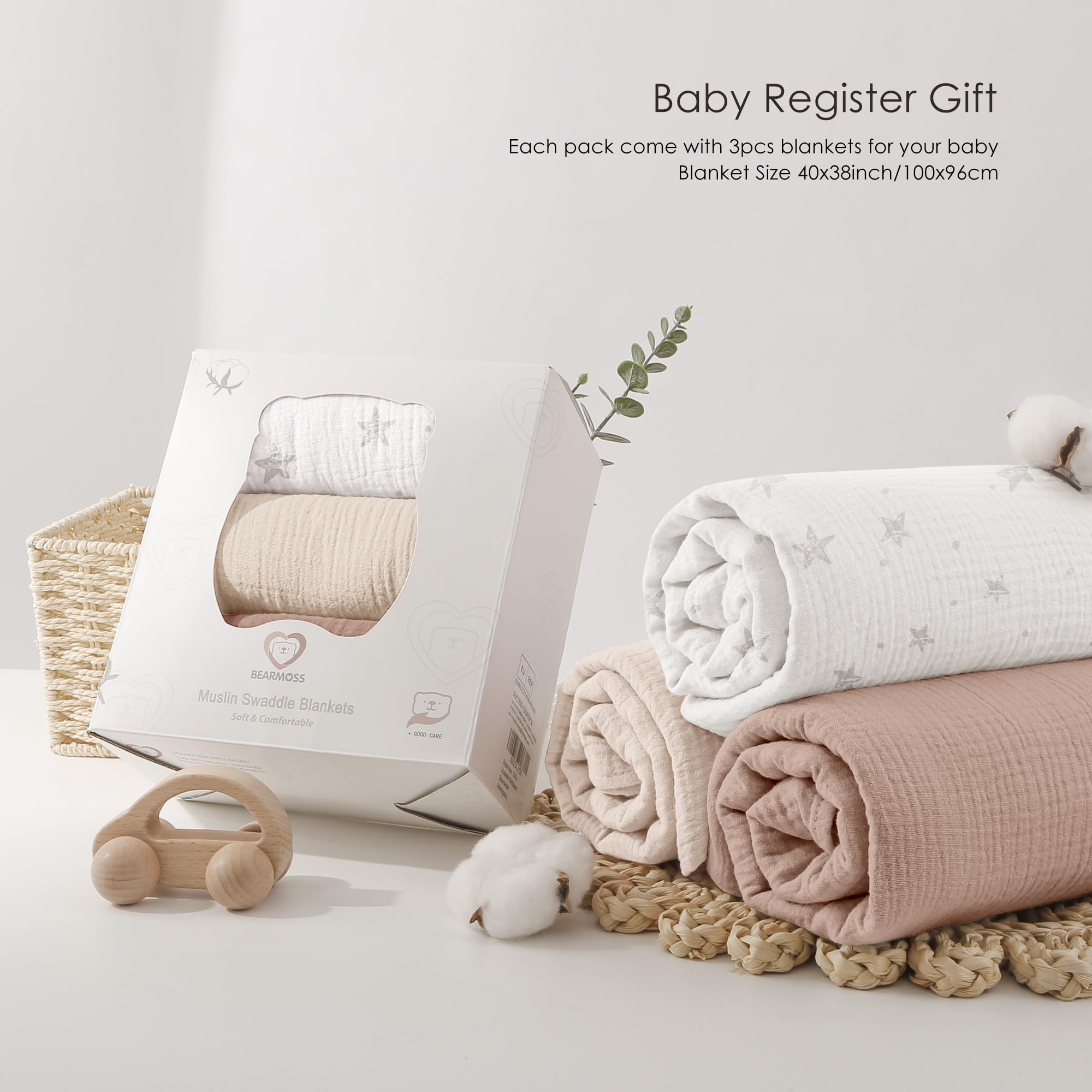Bearmoss muslin swaddle packaging shown as gift-ready.