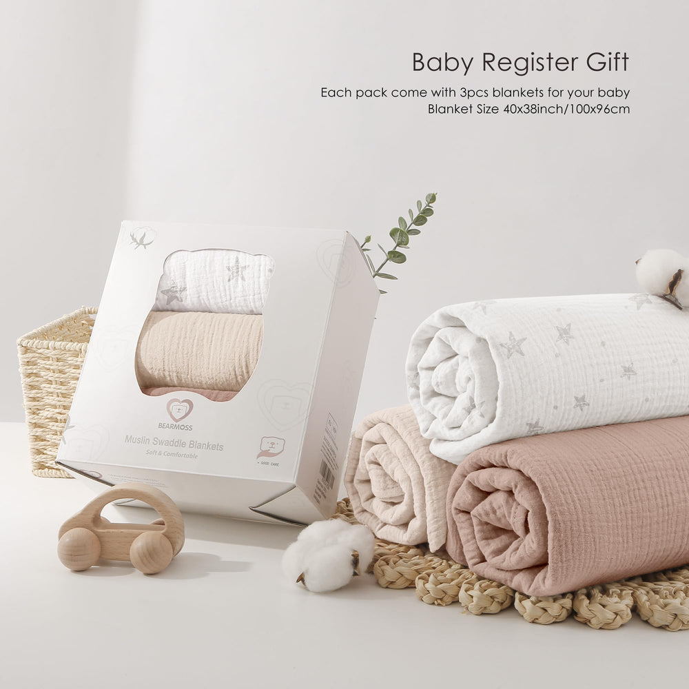 Bearmoss muslin swaddle packaging shown as gift-ready.