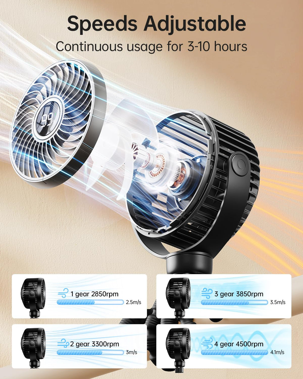 Bearwind Mini Stroller Fan clip-on design attaches to stroller or car seat