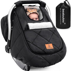 Beatoutou winter baby car seat cover provides warm protection during chilly car trips.