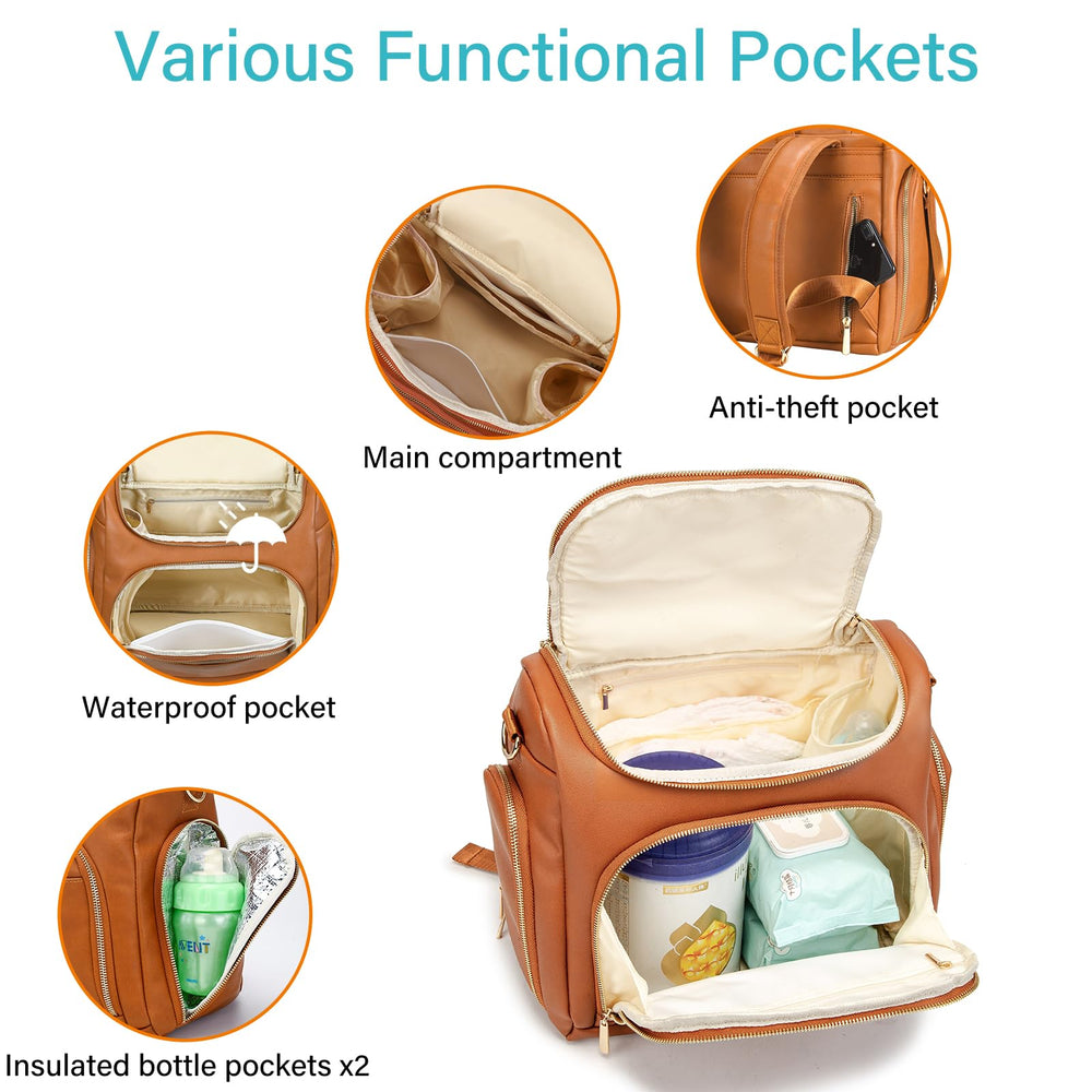 Beaulyn leather diaper bag backpack anti-theft pocket keeps valuables secure.
