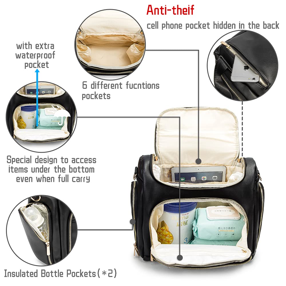 Beaulyn leather diaper bag backpack waterproof pocket protects wipes and small items