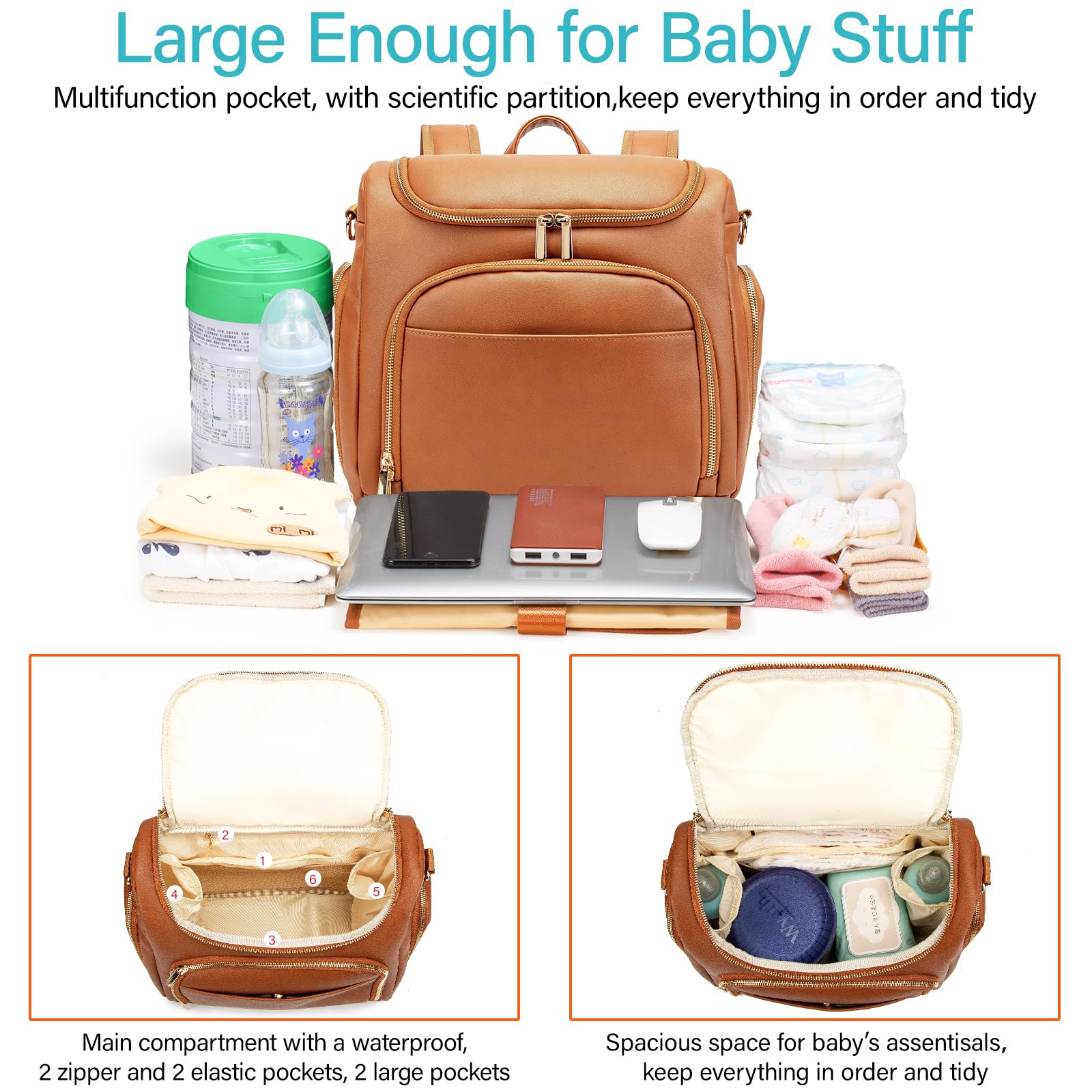 Beaulyn leather diaper bag backpack wider opening for easy item finding.