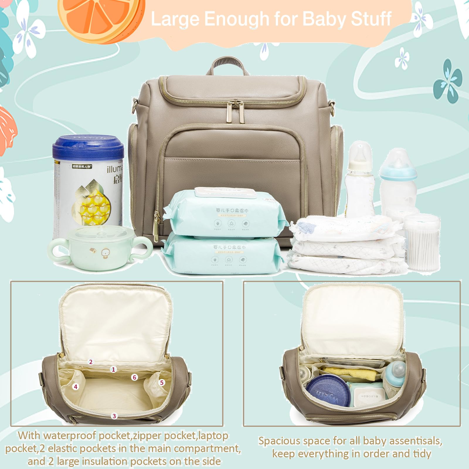 Beaulyn bag shows two stroller straps for hands-free strolling.
