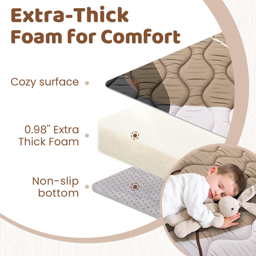 Beavtaens baby play mat foam 1-inch thick for plush cushioning during play.