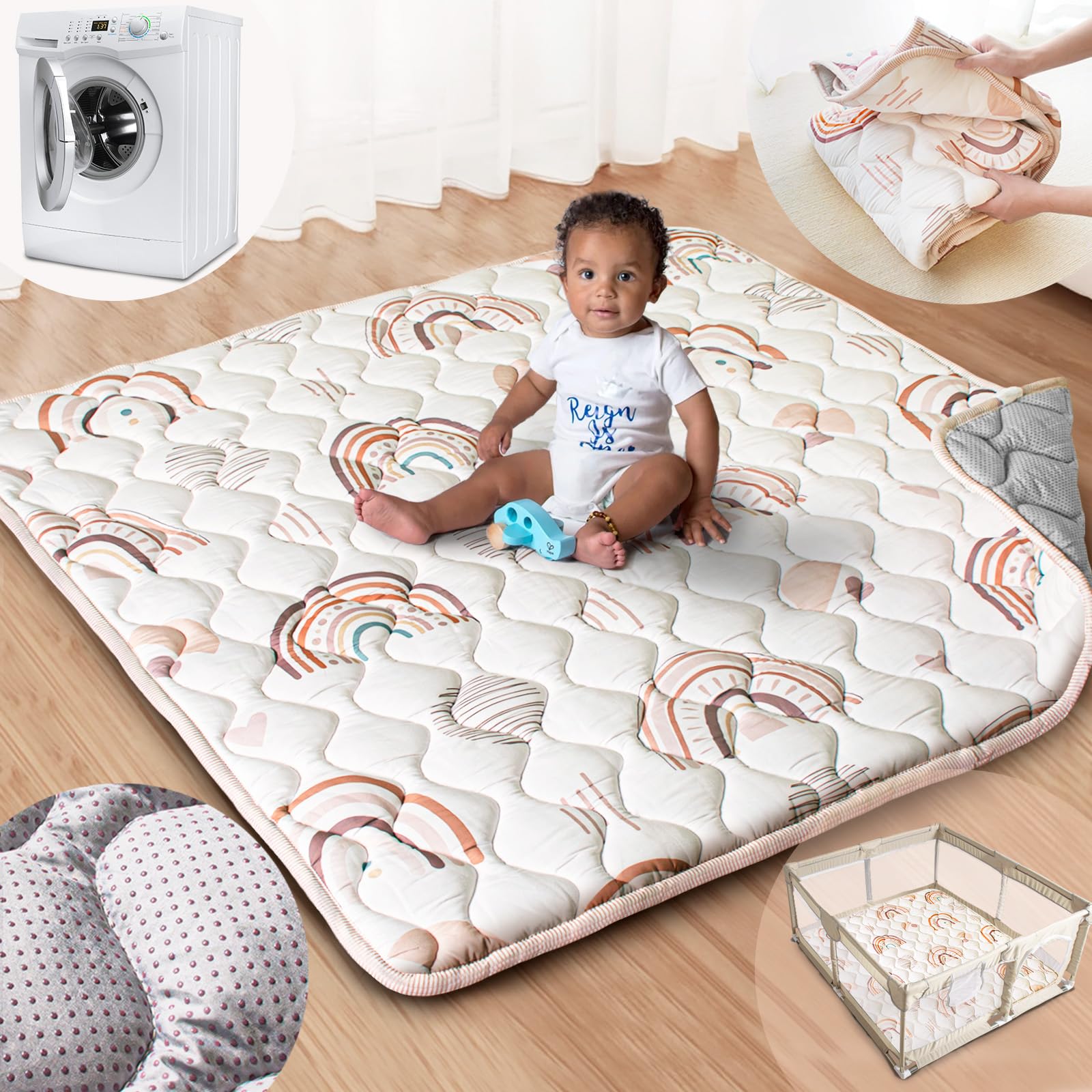 Beavtaens baby play mat roll-up provides a soft, secure surface for crawling.