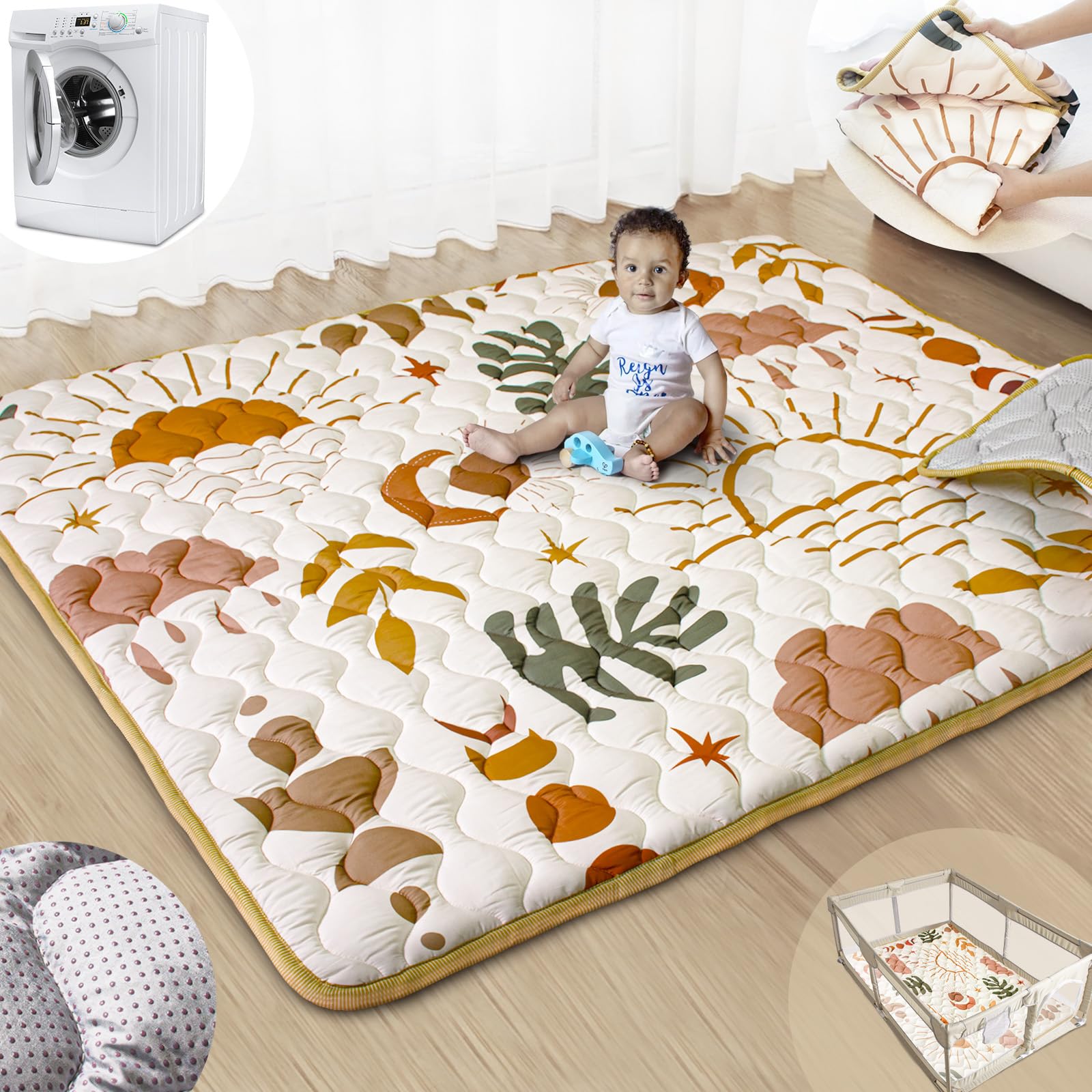 Beavtaens Boho Nature play mat shows expansive 71x59 inch area for spacious baby play