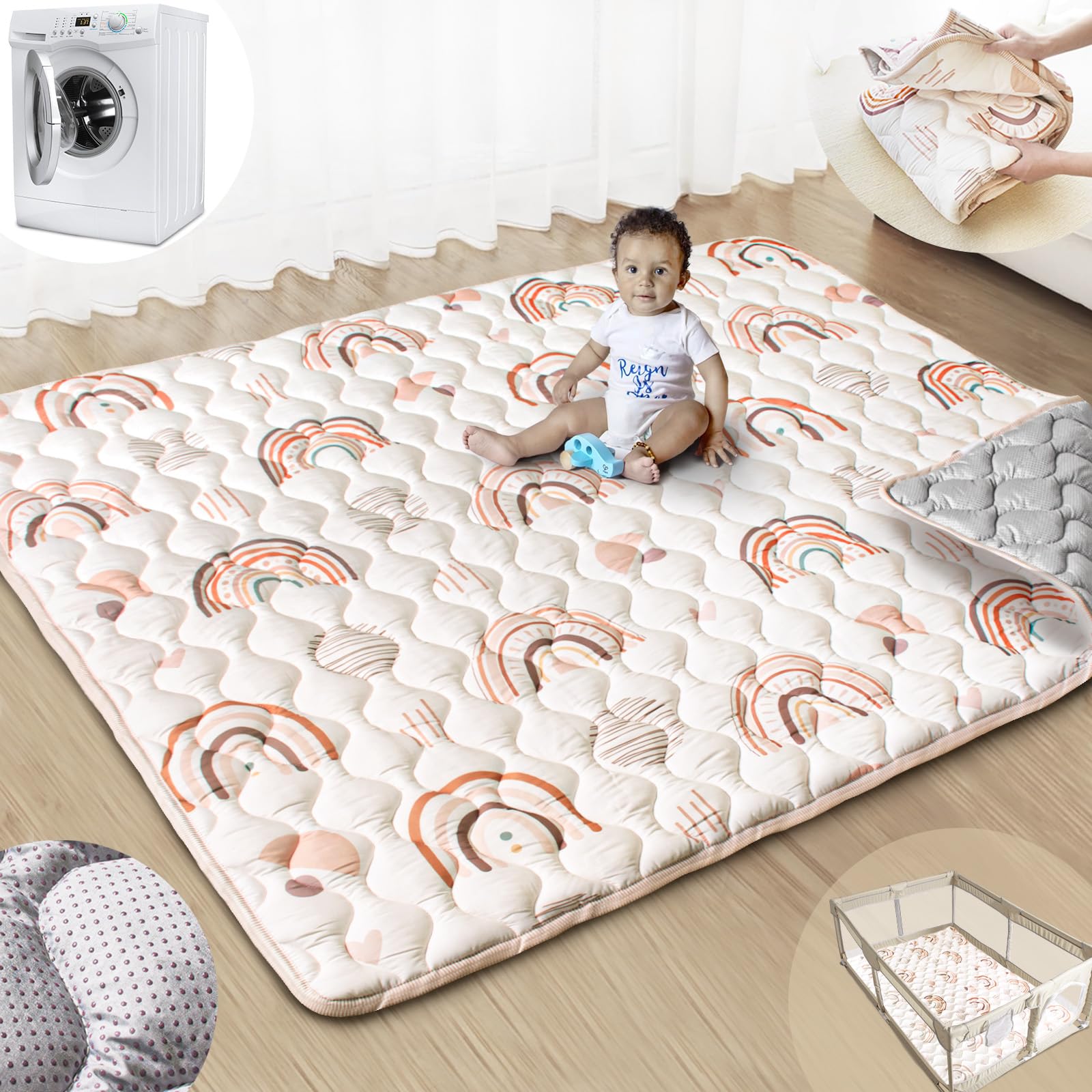 Beavtaens boho rainbow play mat offers a large 71x59 inch surface.