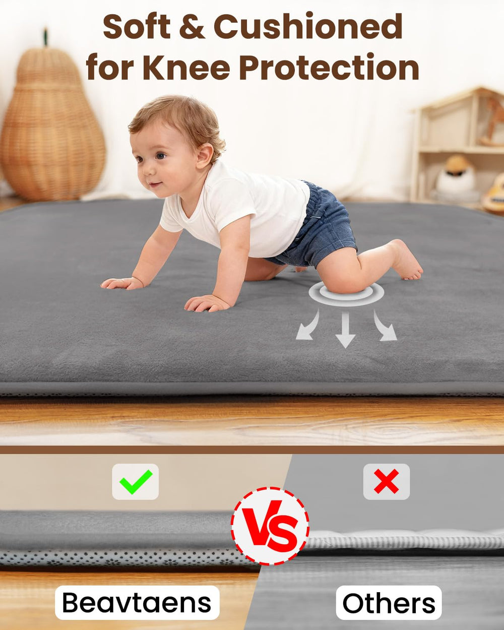 Beavtaens dark gray play mat used in living room for safe crawling sessions.