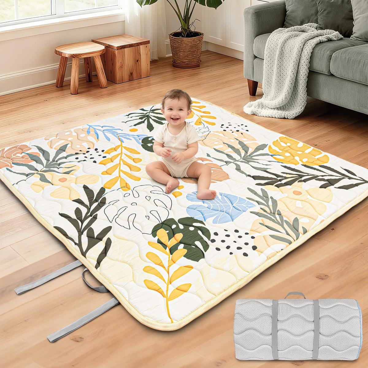 Beavtaens Leaf baby play mat folded with handle for easy transport