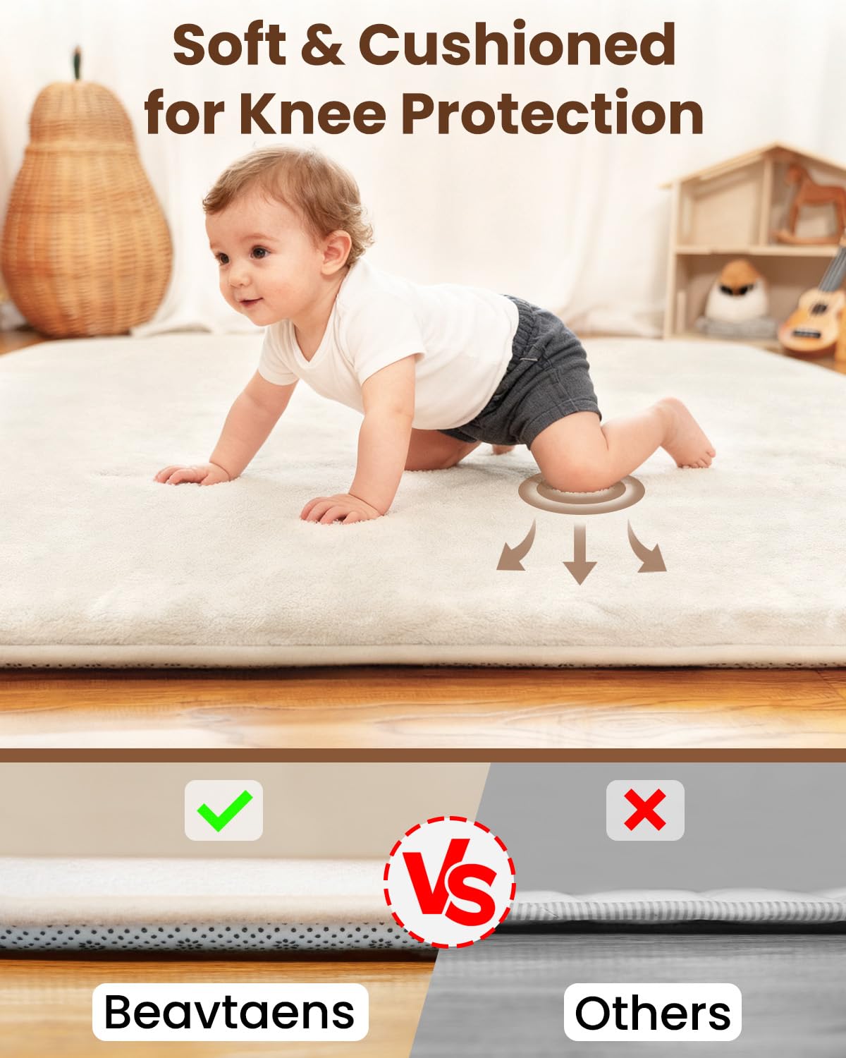 Beavtaens memory foam core provides cushioned support during crawling and tummy time.