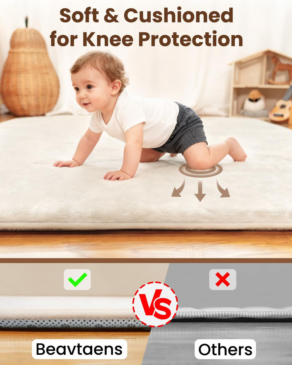 Beavtaens memory foam core provides cushioned support during crawling and tummy time.