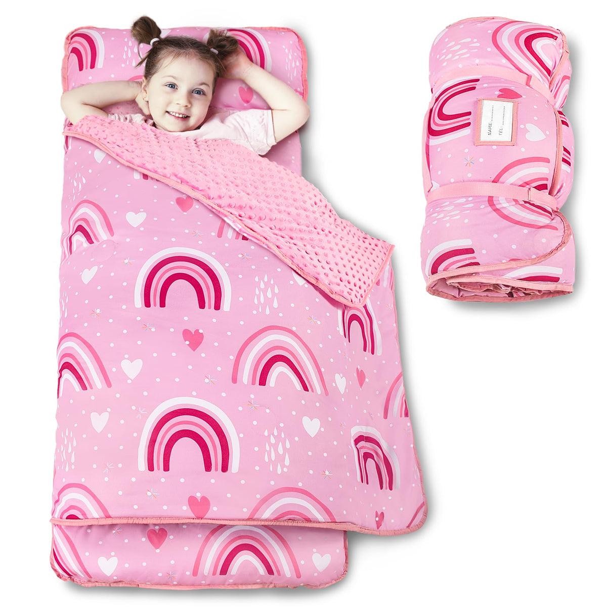 Beavtaens Toddler Nap Mat Rainbow folded for daycare portability.