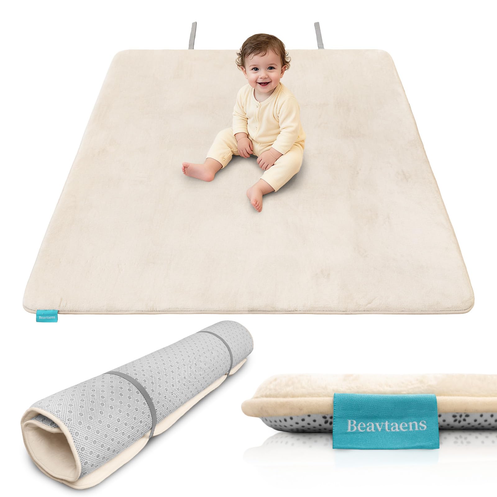 Beavtaens Ultra Thick Flannel Play Mat with elastic storage strap for easy organization.
