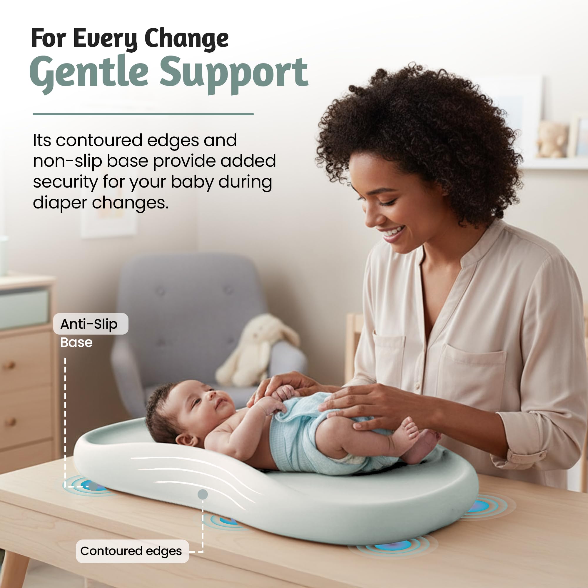 Bébé Boutique teal pad, contoured edges, secure grip for safe diaper changes.