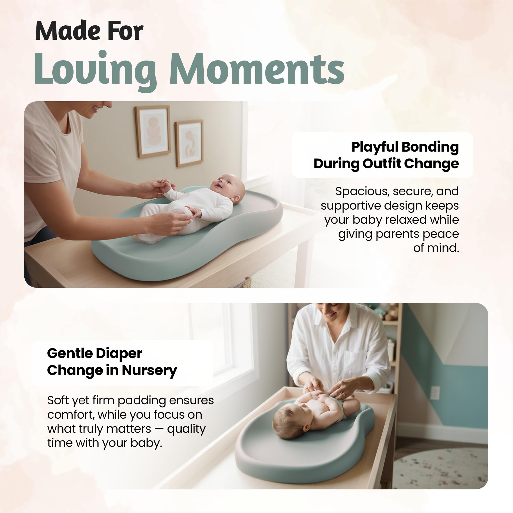 Teal changing pad surface, easy-clean and quick maintenance for diaper changes.