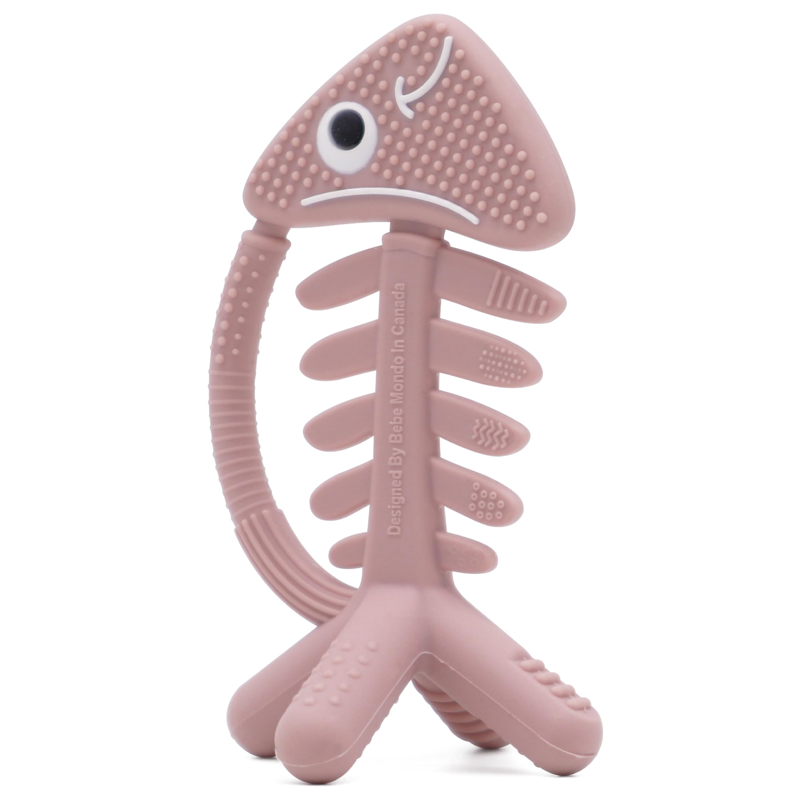 Bebe Mondo 3-in-1 teether fish rose pink main view; promotes tactile exploration.