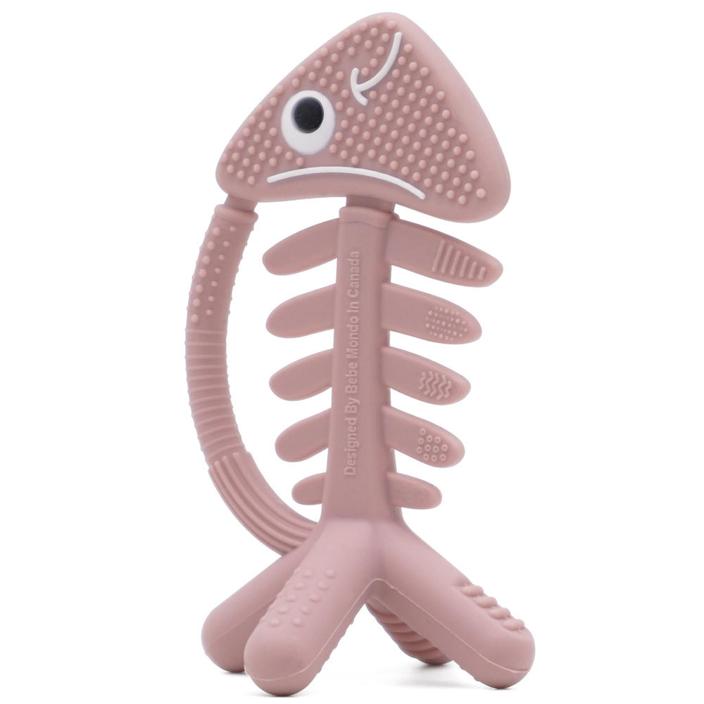 Bebe Mondo 3-in-1 teether fish rose pink main view; promotes tactile exploration.