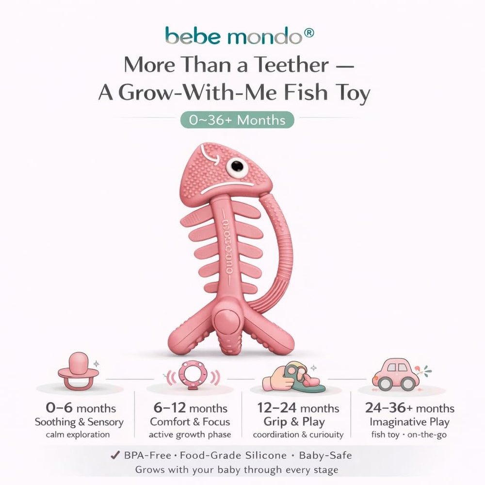 Mini toothbrush tail on Bebe Mondo teether supports oral care exploration.