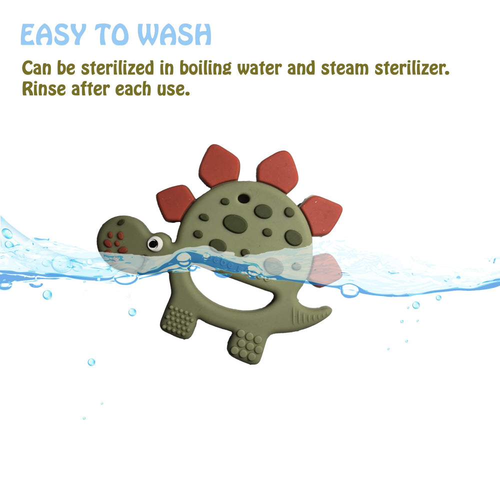 Bebe Mondo Clip and Teether Olive promotes safe, hands-free teething on clothing.