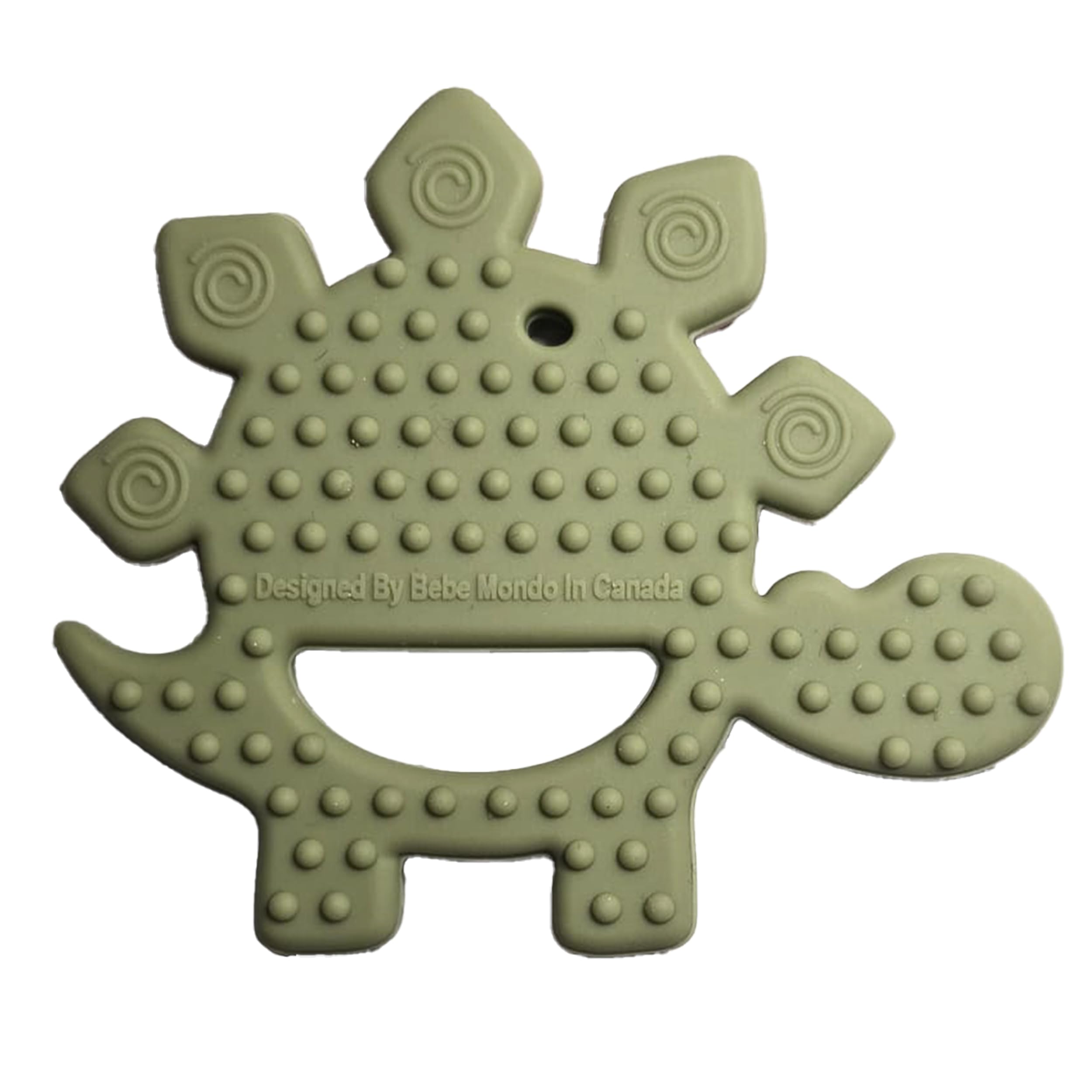Bebe Mondo Dinosaur Teether Olive close-up shows food-grade silicone.