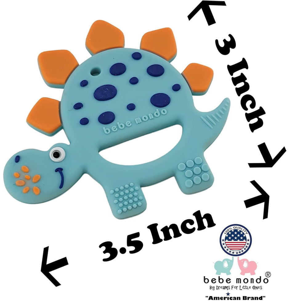 Bebe Mondo Dinosaur Teether Olive displayed on playmat for exploration.