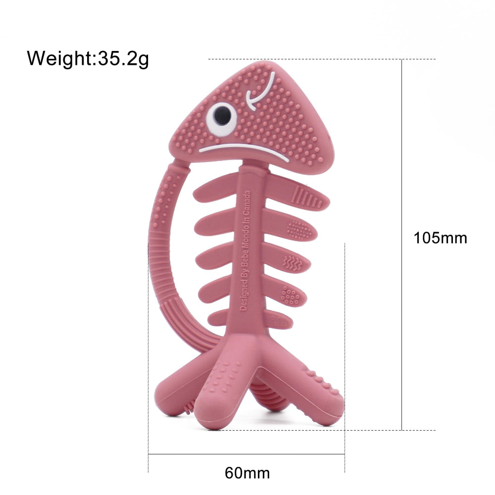Bebe Mondo rose pink teether in use; portable and gift-ready.