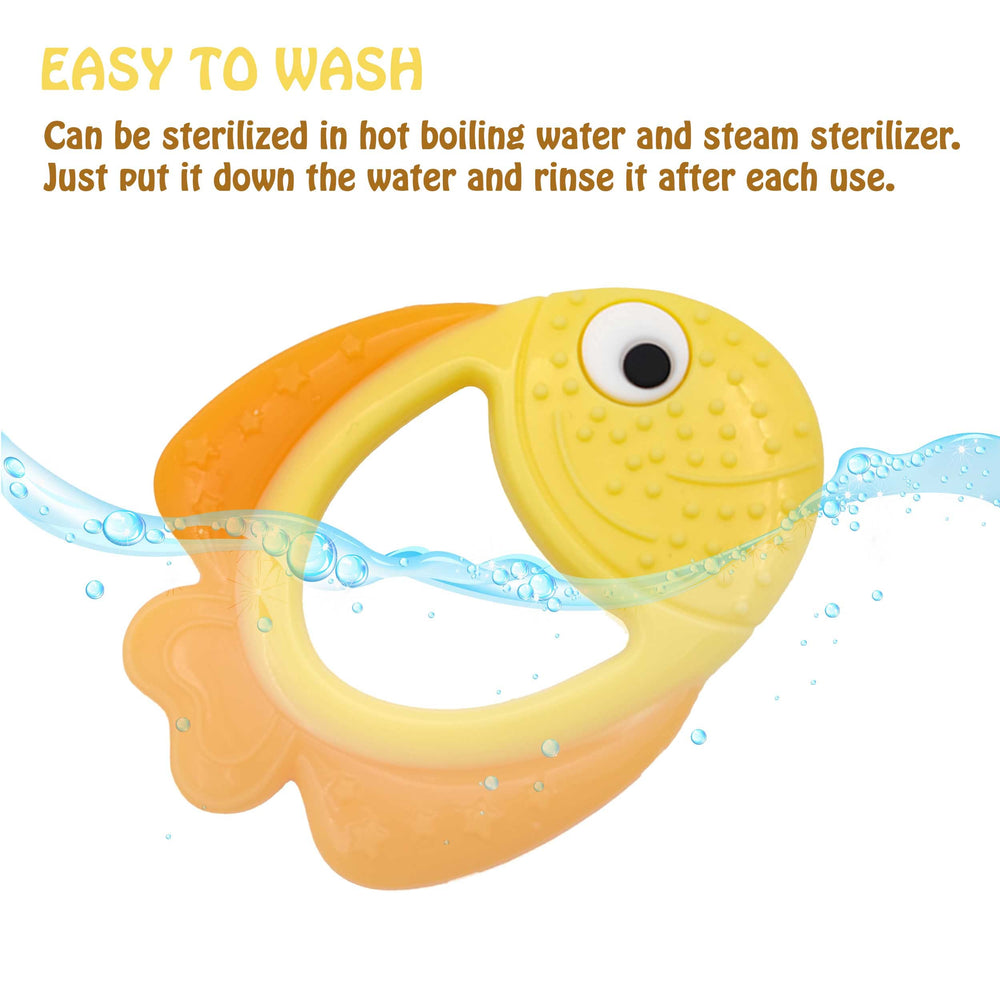 Bebe Mondo goldfish teether in yellow is easy for tiny hands to grip.